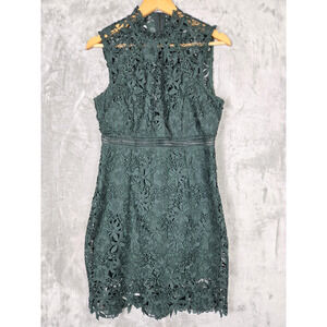 Bardot Paris Lace Dress Sheer Neck Floral Forest Green Boho Chic Cocktail Size 8
